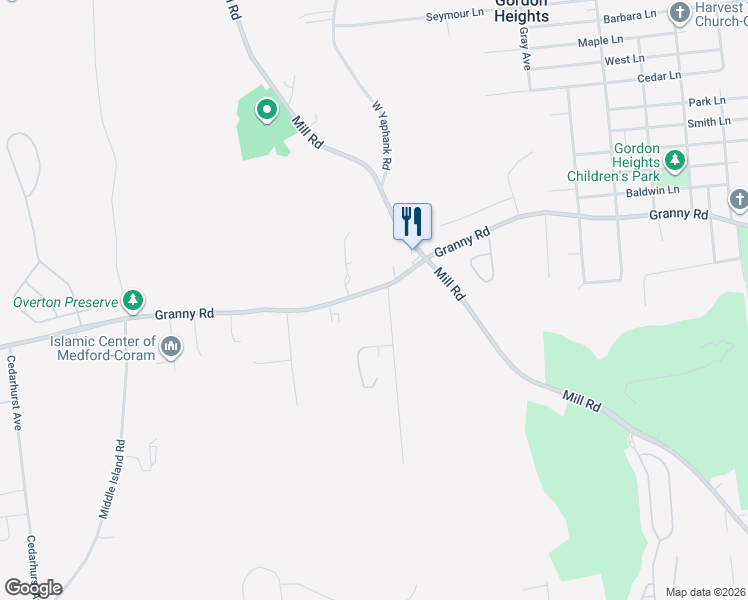map of restaurants, bars, coffee shops, grocery stores, and more near 48 Mill Road in Yaphank