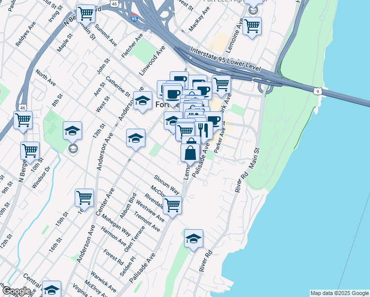 map of restaurants, bars, coffee shops, grocery stores, and more near 1605 Lemoine Avenue in Fort Lee