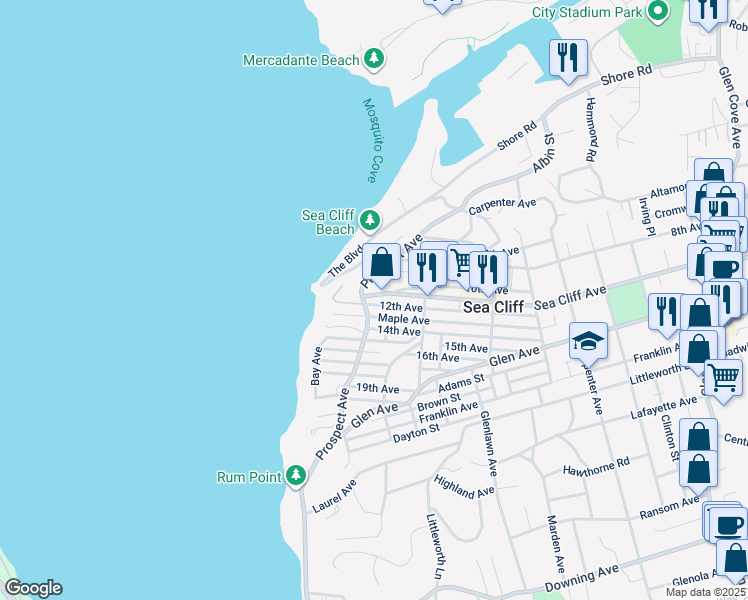 map of restaurants, bars, coffee shops, grocery stores, and more near 373 Sea Cliff Avenue in Sea Cliff