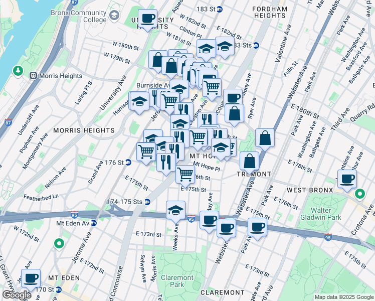 map of restaurants, bars, coffee shops, grocery stores, and more near 1895 Grand Concourse in The Bronx