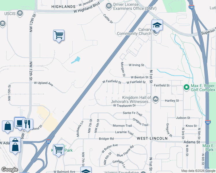 map of restaurants, bars, coffee shops, grocery stores, and more near 3800 Northwest Fairwood Court in Lincoln