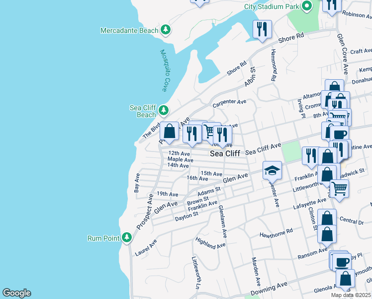 map of restaurants, bars, coffee shops, grocery stores, and more near 324 Sea Cliff Avenue in Sea Cliff