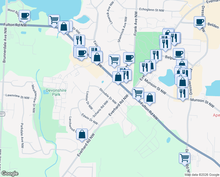 map of restaurants, bars, coffee shops, grocery stores, and more near 5189 Sibila Road Northwest in Canton