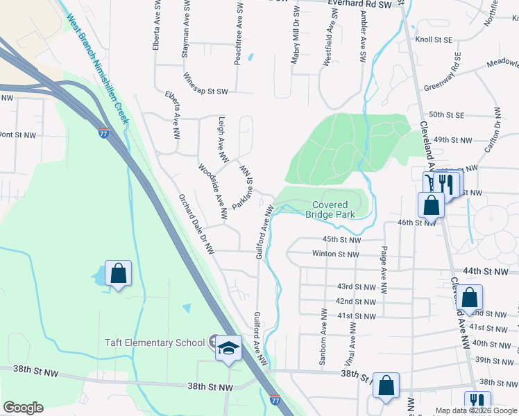 map of restaurants, bars, coffee shops, grocery stores, and more near 4517 Guilford Ave NW in Canton