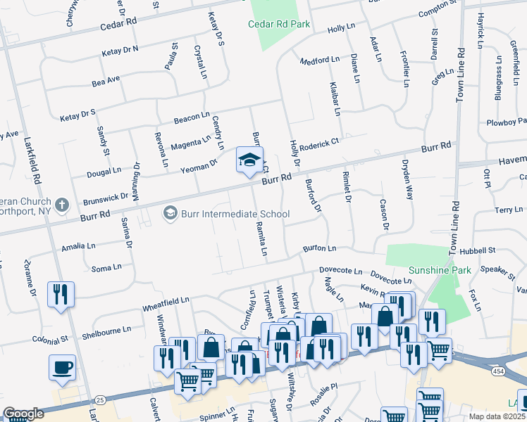 map of restaurants, bars, coffee shops, grocery stores, and more near 14 Ramita Lane in Commack