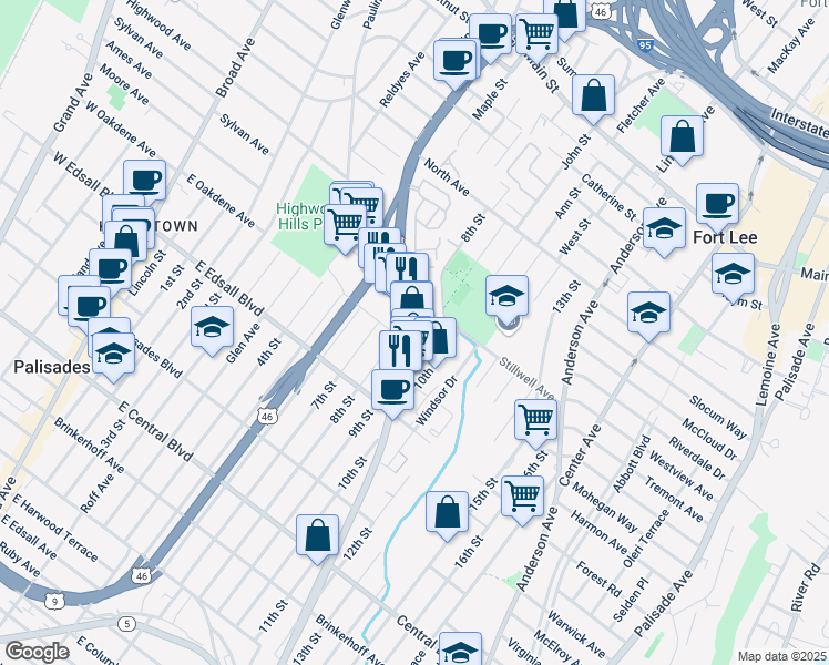 map of restaurants, bars, coffee shops, grocery stores, and more near 1412 Bergen Boulevard in Fort Lee