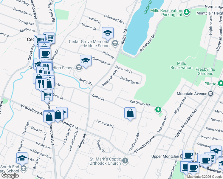 map of restaurants, bars, coffee shops, grocery stores, and more near 18 Ridge Court in Cedar Grove