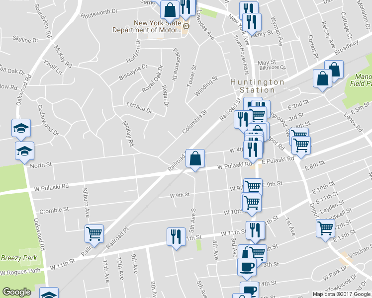 map of restaurants, bars, coffee shops, grocery stores, and more near 63 Railroad Street in Huntington Station
