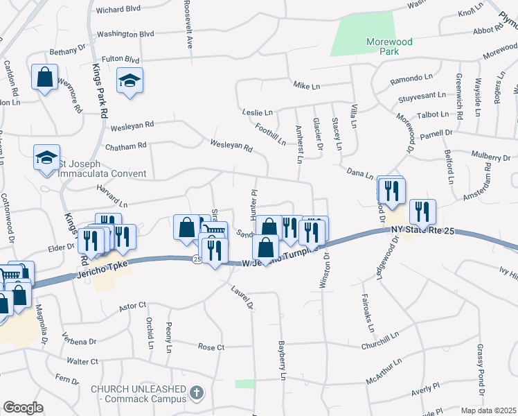 map of restaurants, bars, coffee shops, grocery stores, and more near 70 Sandy Hollow Drive in Smithtown
