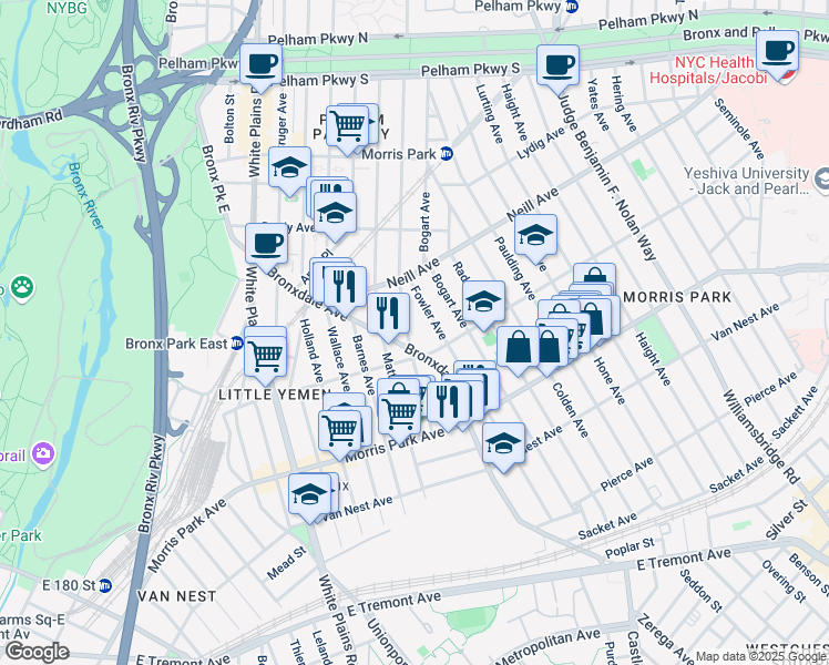 map of restaurants, bars, coffee shops, grocery stores, and more near 1912 Muliner Avenue in Bronx