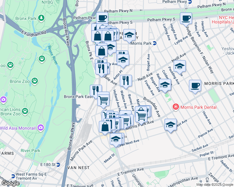map of restaurants, bars, coffee shops, grocery stores, and more near 1963 Hunt Avenue in Bronx