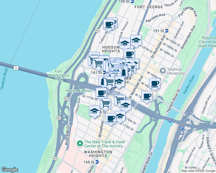 map of restaurants, bars, coffee shops, grocery stores, and more near in New York
