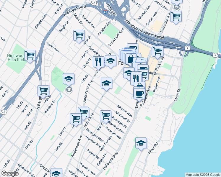 map of restaurants, bars, coffee shops, grocery stores, and more near 290 Whiteman Street in Fort Lee