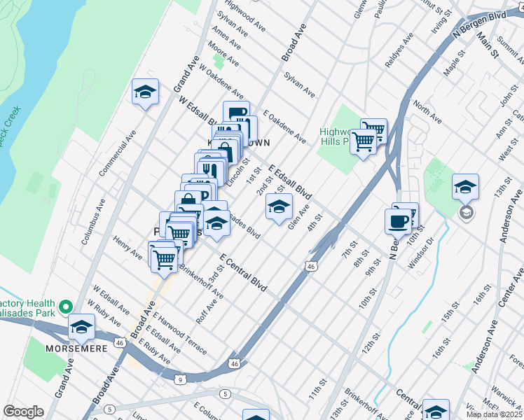map of restaurants, bars, coffee shops, grocery stores, and more near 428 2nd Street in Palisades Park