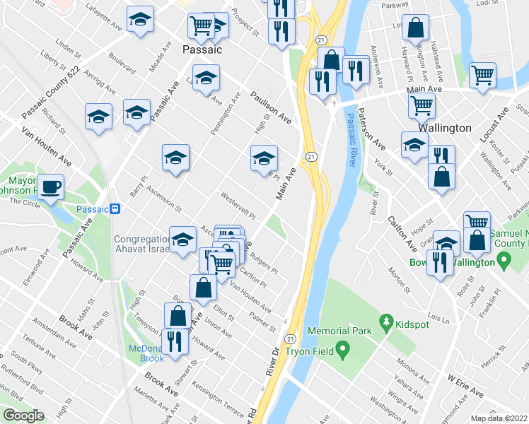 map of restaurants, bars, coffee shops, grocery stores, and more near 72 Aycrigg Avenue in Passaic