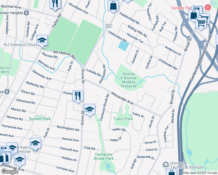 map of restaurants, bars, coffee shops, grocery stores, and more near 14 Riverview Drive West in Montclair