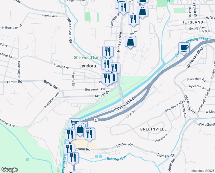 map of restaurants, bars, coffee shops, grocery stores, and more near 17 Chesapeake Street in Lyndora