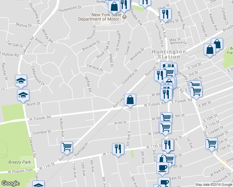 map of restaurants, bars, coffee shops, grocery stores, and more near 132 Columbia Street in Huntington Station