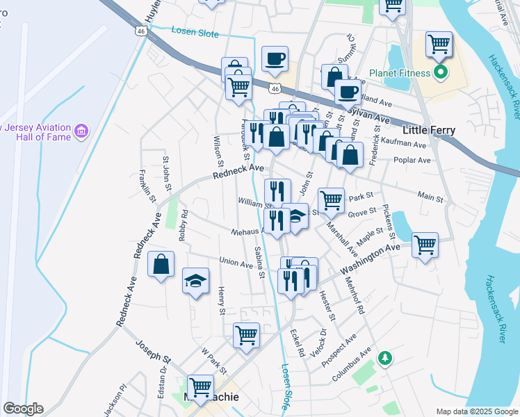 map of restaurants, bars, coffee shops, grocery stores, and more near 27 William Street in Little Ferry