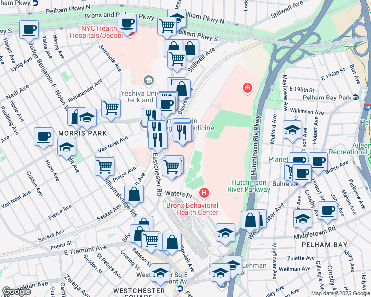 map of restaurants, bars, coffee shops, grocery stores, and more near in Bronx
