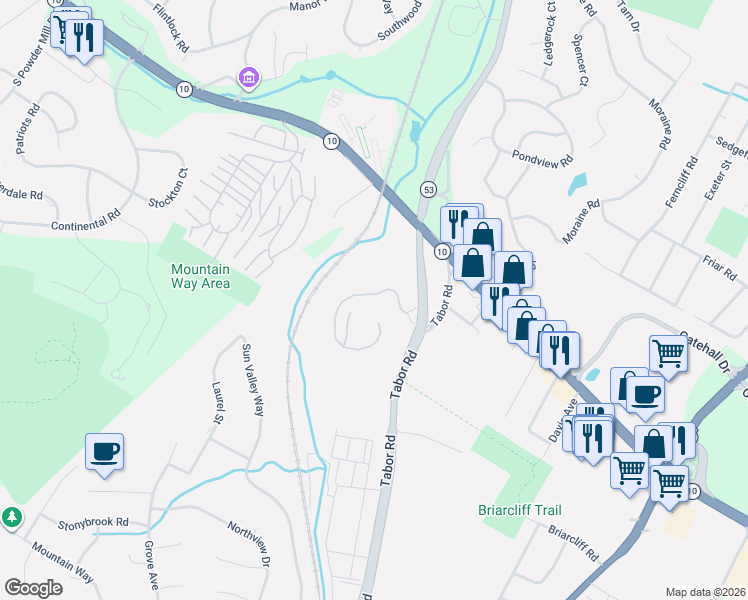 map of restaurants, bars, coffee shops, grocery stores, and more near 2 Foxwood Drive in Morris Plains
