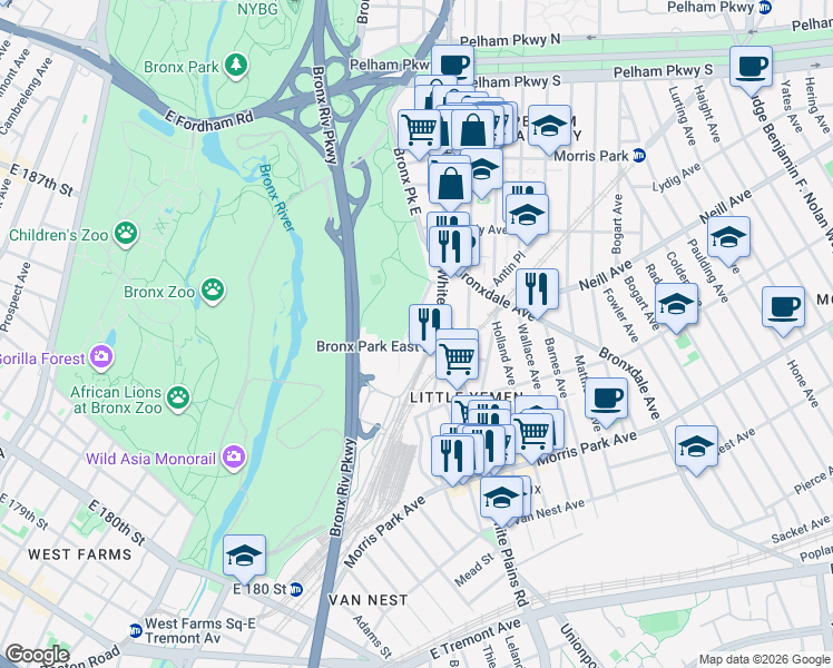 map of restaurants, bars, coffee shops, grocery stores, and more near 1944 Unionport Road in Bronx