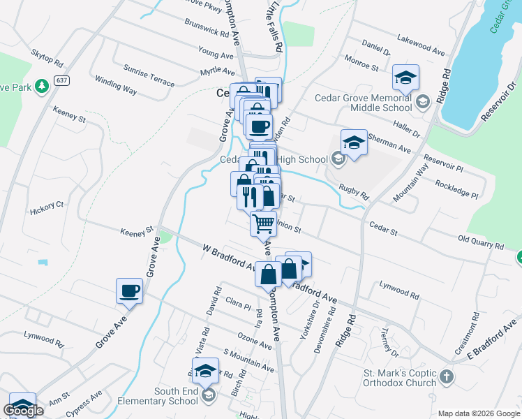 map of restaurants, bars, coffee shops, grocery stores, and more near in Cedar Grove