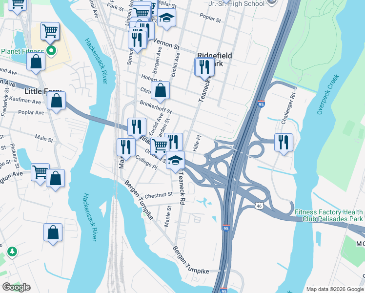map of restaurants, bars, coffee shops, grocery stores, and more near 172 Voorhees Place in Ridgefield Park