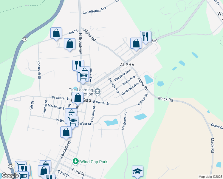 map of restaurants, bars, coffee shops, grocery stores, and more near 172 Alpha Avenue in Wind Gap