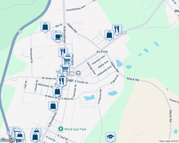 map of restaurants, bars, coffee shops, grocery stores, and more near 172 Alpha Avenue in Wind Gap