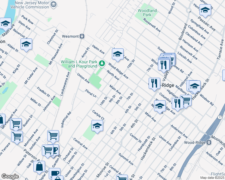 map of restaurants, bars, coffee shops, grocery stores, and more near 124 10th Street in Wood-Ridge
