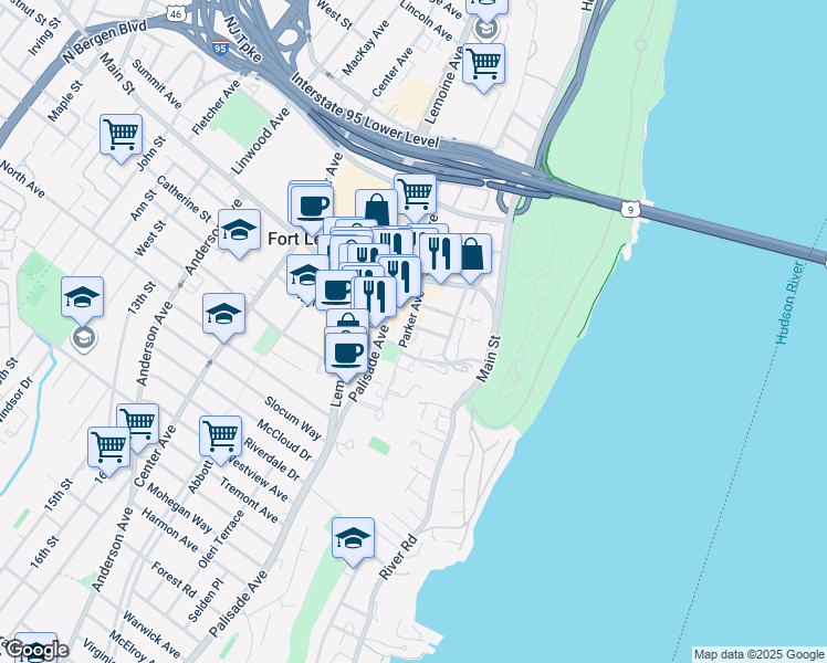 map of restaurants, bars, coffee shops, grocery stores, and more near 1622 Parker Avenue in Fort Lee