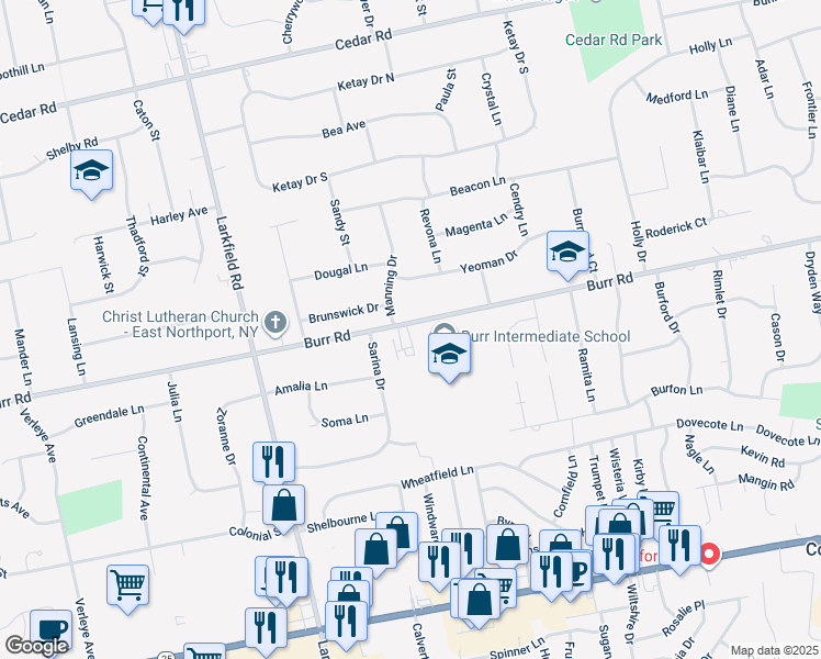 map of restaurants, bars, coffee shops, grocery stores, and more near 202 Burr Road in Commack