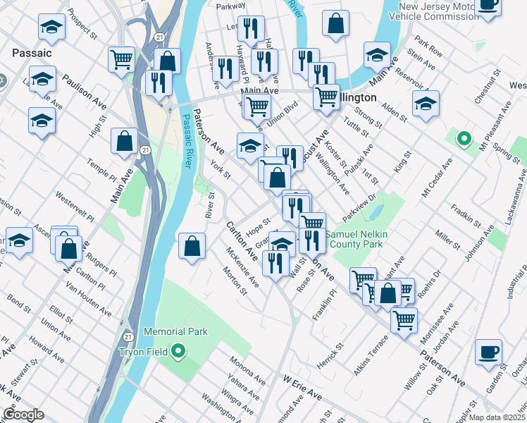 map of restaurants, bars, coffee shops, grocery stores, and more near 18 Locust Ln in East Rutherford