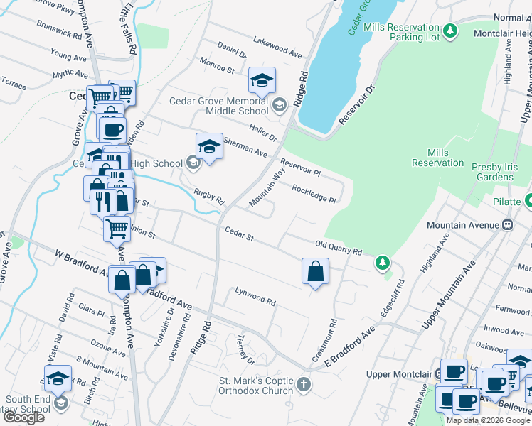 map of restaurants, bars, coffee shops, grocery stores, and more near 18 Ridge Court in Cedar Grove
