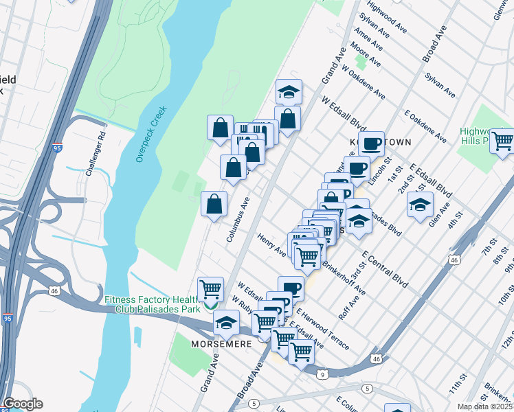 map of restaurants, bars, coffee shops, grocery stores, and more near 239 Grand Avenue in Palisades Park