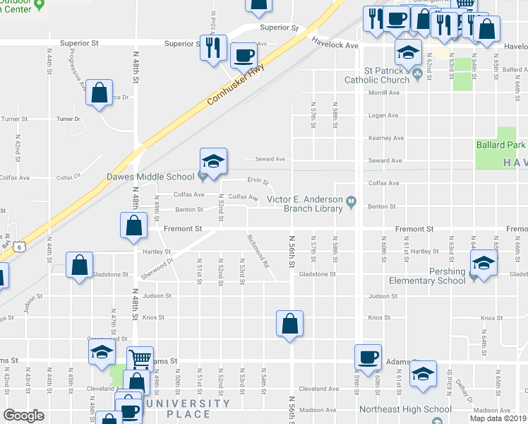map of restaurants, bars, coffee shops, grocery stores, and more near 5401 Benton Street in Lincoln