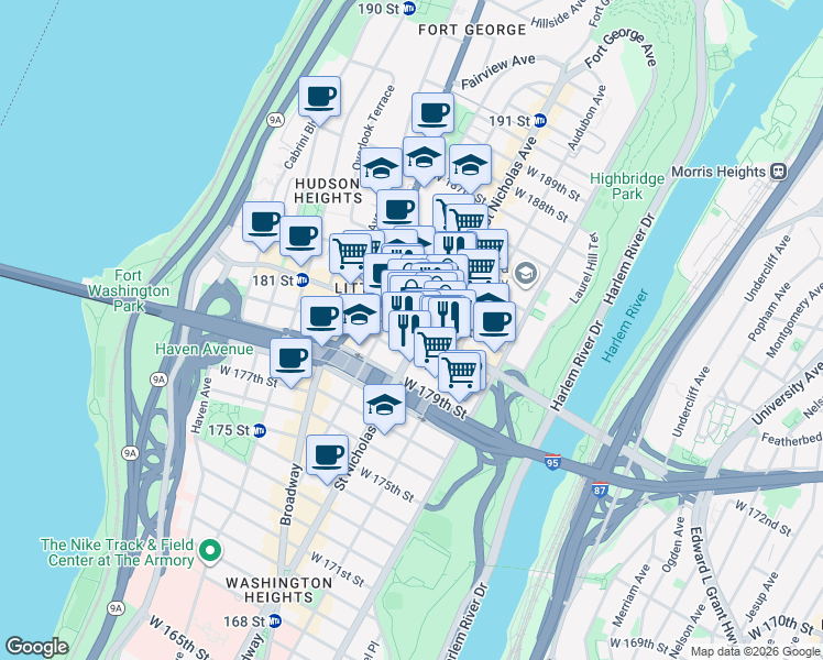 map of restaurants, bars, coffee shops, grocery stores, and more near 600 West 181st Street in New York