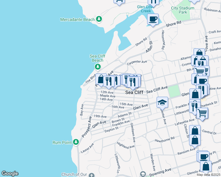 map of restaurants, bars, coffee shops, grocery stores, and more near 324 Sea Cliff Avenue in Sea Cliff