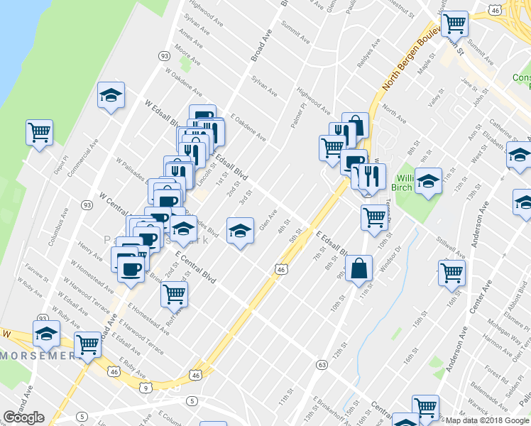 map of restaurants, bars, coffee shops, grocery stores, and more near 467 Glen Avenue in Palisades Park