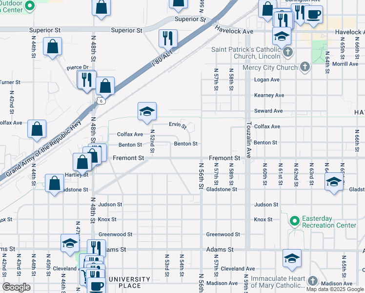 map of restaurants, bars, coffee shops, grocery stores, and more near 5401 Benton Street in Lincoln