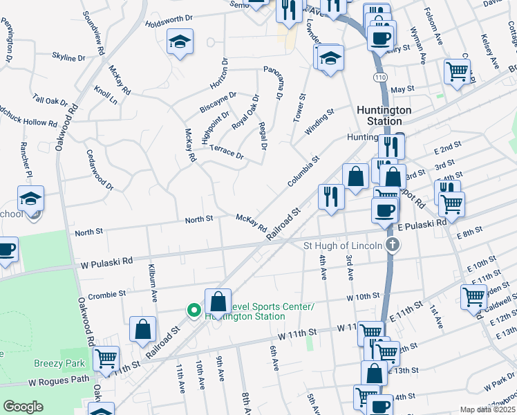 map of restaurants, bars, coffee shops, grocery stores, and more near 132 Columbia Street in Huntington Station