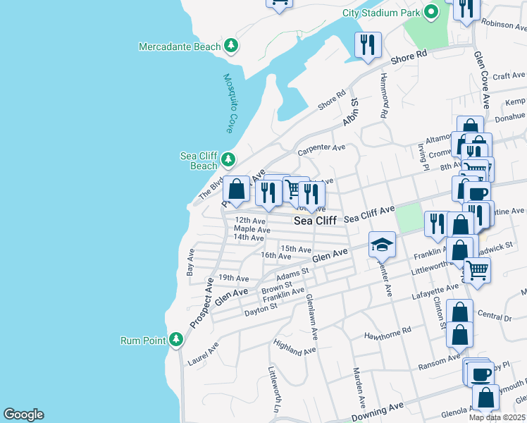 map of restaurants, bars, coffee shops, grocery stores, and more near 324 Sea Cliff Avenue in Sea Cliff