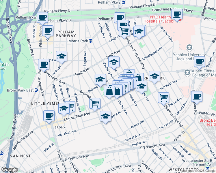 map of restaurants, bars, coffee shops, grocery stores, and more near 1850 Colden Avenue in Bronx