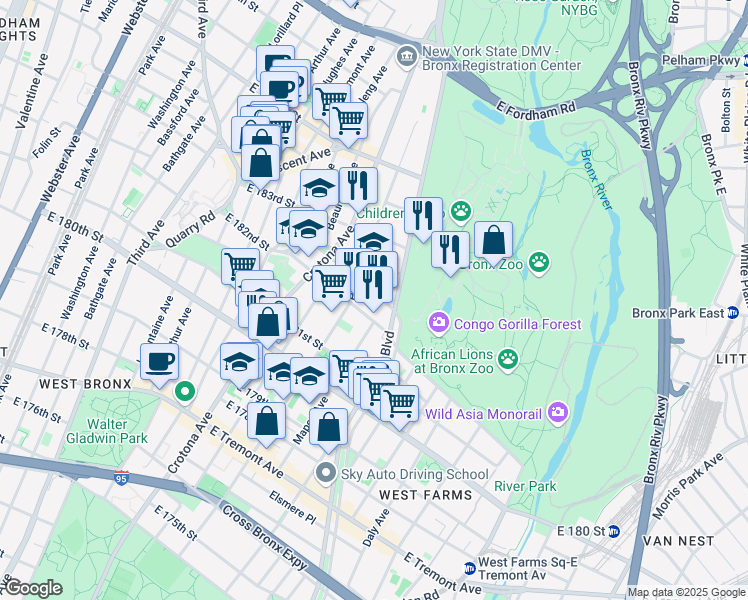 map of restaurants, bars, coffee shops, grocery stores, and more near 780 Garden Street in Bronx