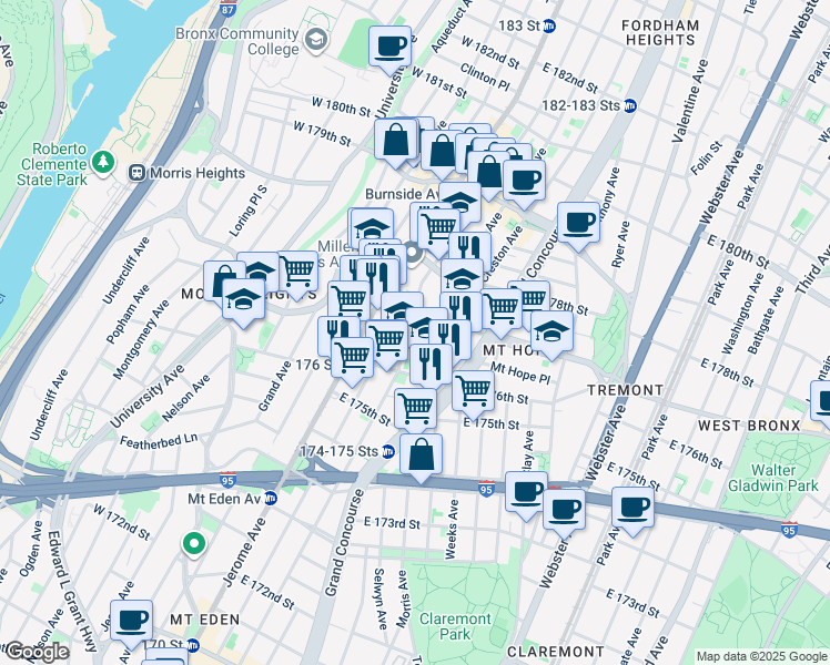 map of restaurants, bars, coffee shops, grocery stores, and more near 1895 Walton Avenue in Bronx