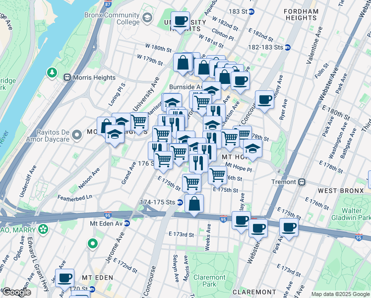map of restaurants, bars, coffee shops, grocery stores, and more near 1895 Walton Avenue in Bronx