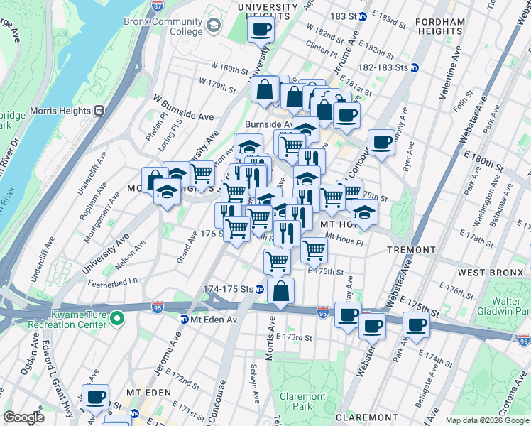 map of restaurants, bars, coffee shops, grocery stores, and more near 1895 Walton Avenue in Bronx