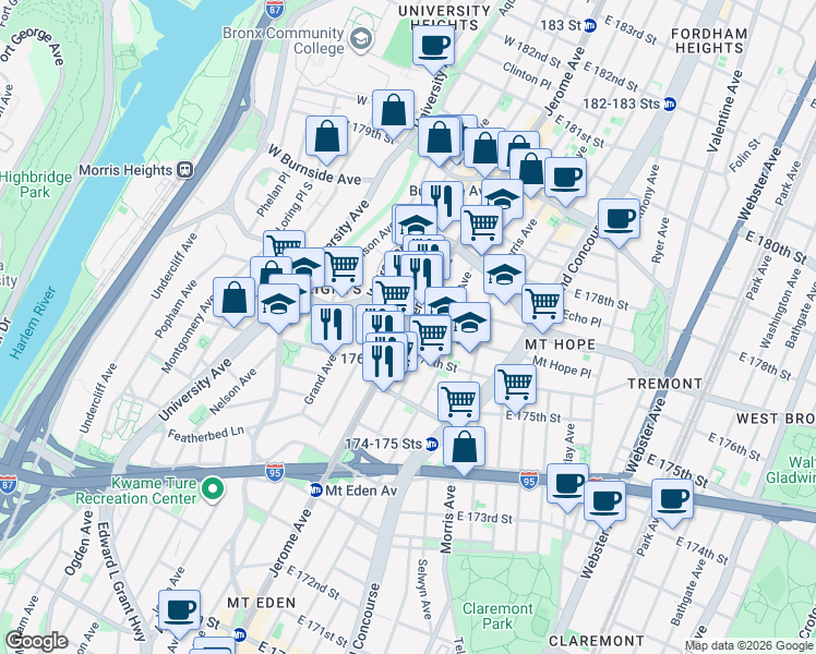map of restaurants, bars, coffee shops, grocery stores, and more near 1876 Jerome Avenue in The Bronx