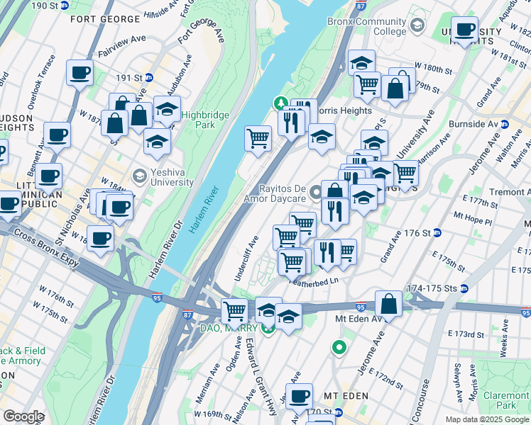 map of restaurants, bars, coffee shops, grocery stores, and more near 1642 Undercliff Avenue in Bronx